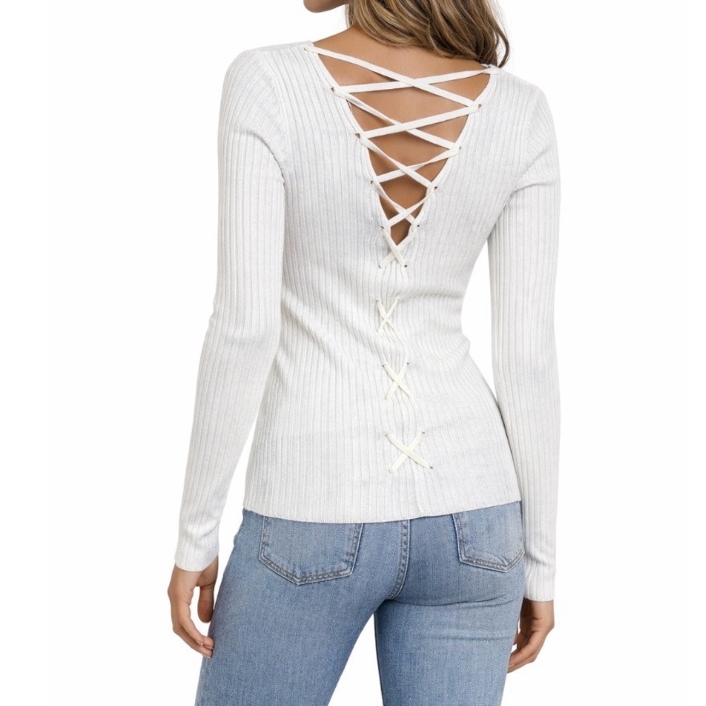 Ambiance Apparel White Knit Sweater ribbed lace up back detailing stretch SZ M